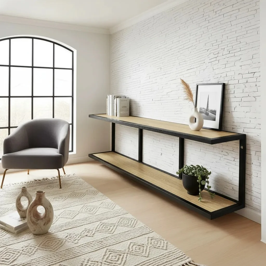 Estante Elegante Prateleira Suspensa 2 Andares Estilo Industrial Madeira e Ferro 110cm