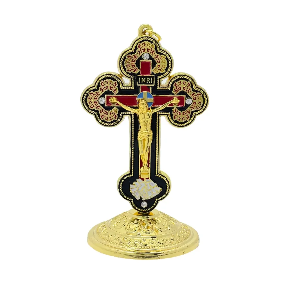 Novo Crucifixo Católico de Mesa 2026 com Esmalte Dourado, Cruz de Altar com Corpus de Jesus INRI, Decoração Religiosa para Igreja e Casa, Presente Cristão