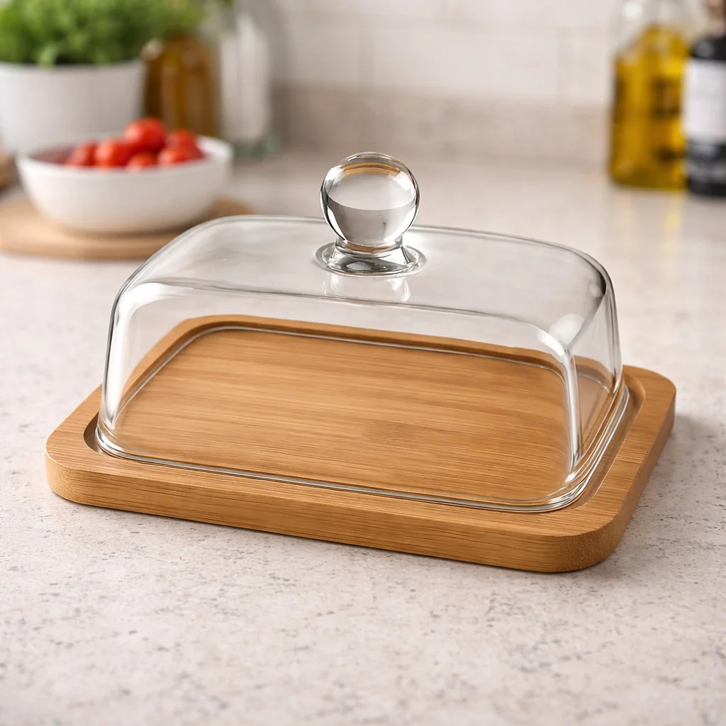 Manteigueira de Vidro com Tampa Transparente e Base em Madeira 18x13cm – Design Sofisticado 