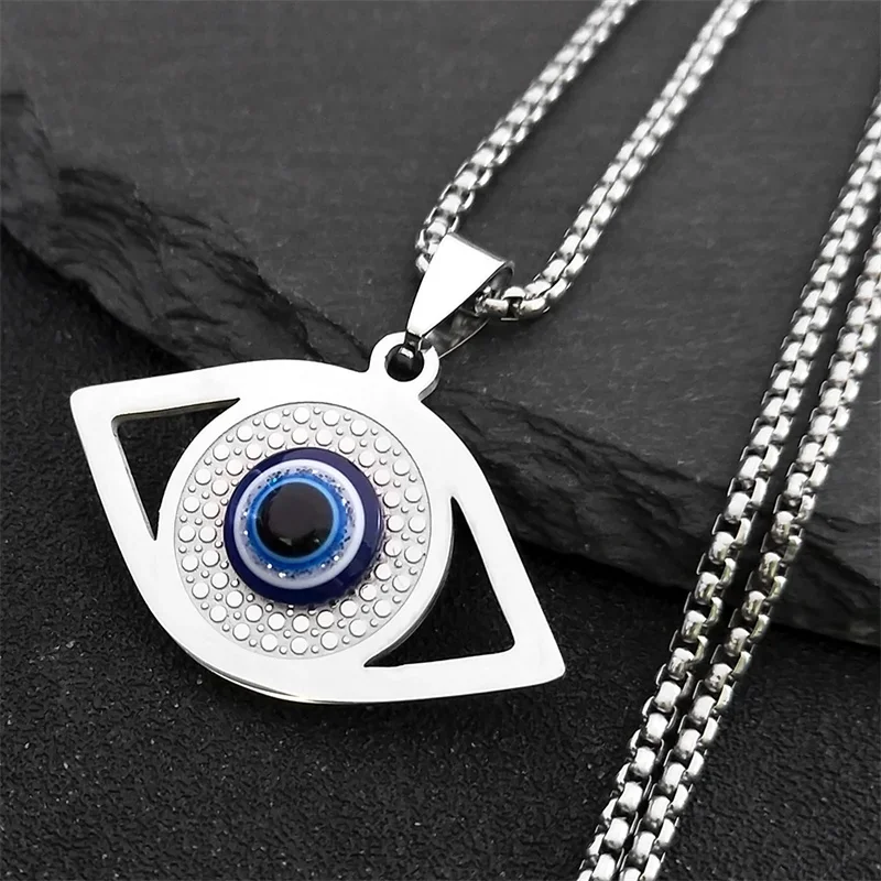 Colar Islâmico Hamsa Olho Grego Azul em Aço Inoxidável, Pulseira Olho Turco, Joias Gregas ojo turco acero inoxidable N1137S02