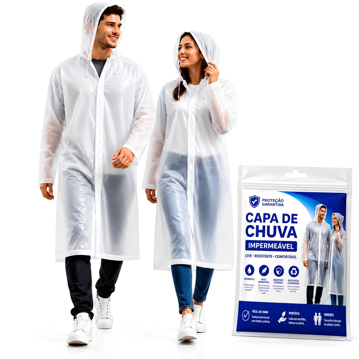 Capa de Chuva Impermeável em EVA Reutilizável Unissex com Capuz e Botões Frontais Transparente Resistente para Motoqueiro Caminhada Viagem Passeios Camping Trilhas Eventos Shows Proteção Contra Chuva.