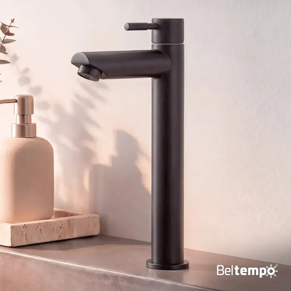 Torneira Para Banheiro De Mesa Bica Alta 1/4 De Volta Aço Inox 304 Preta Fosca Elegance Beltempo