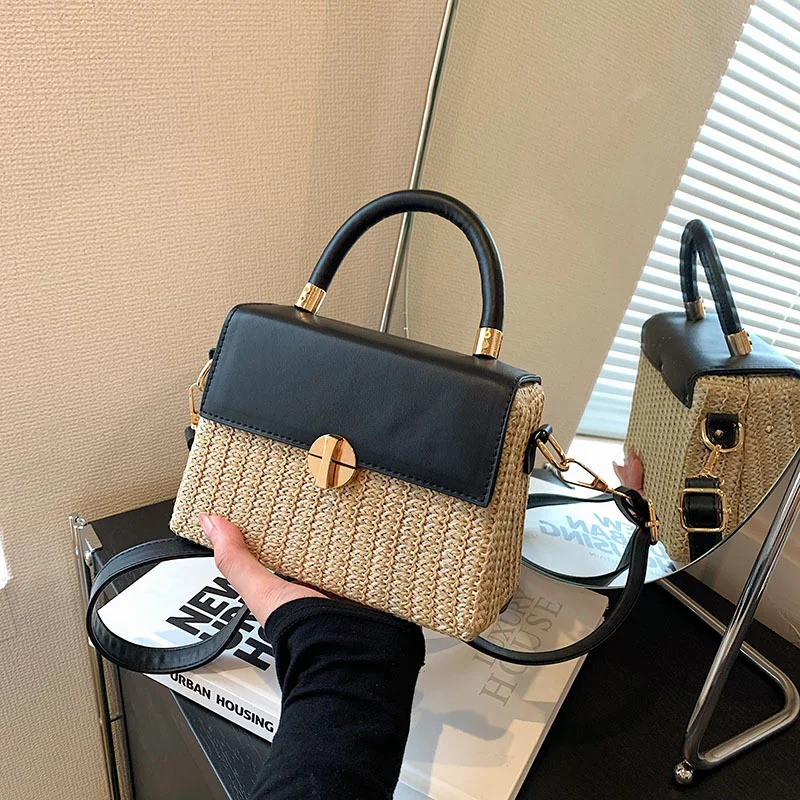 Design tendência da moda bolsa de palha transversal pequena bolsa quadrada