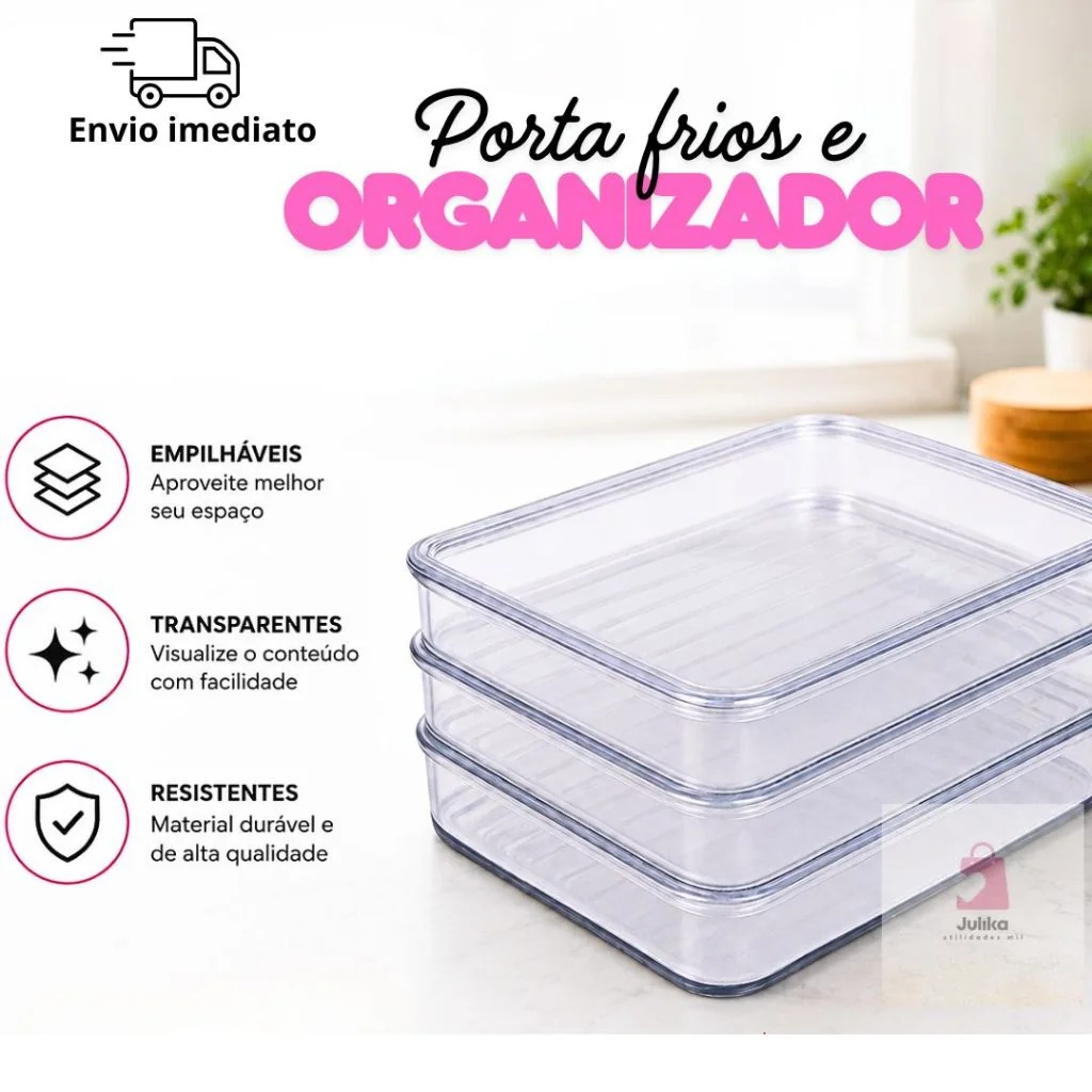 Organizador de Geladeira Porta Frios Kit 3 Potes Transparentes com Tampa Empilháveis