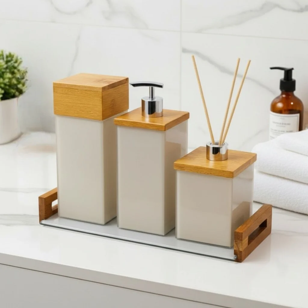 Kit Banheiro Lavabo Luxo Saboneteira Bandeja Porta Escova Difusor 4 Pçs em Vidro e Madeira Decoraçao