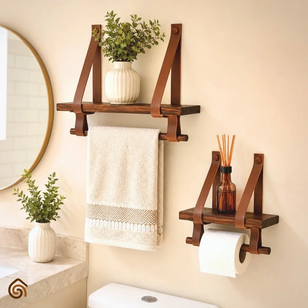 Kit Prateleiras de Madeira e Alças de Couro para Banheiro com Verniz Decoração Rústica | Casa Madêco