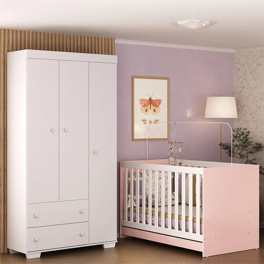 Quarto Infantil com Berço 3 em 1 e Guarda-Roupas Algodão Doce Multimóveis MP4247