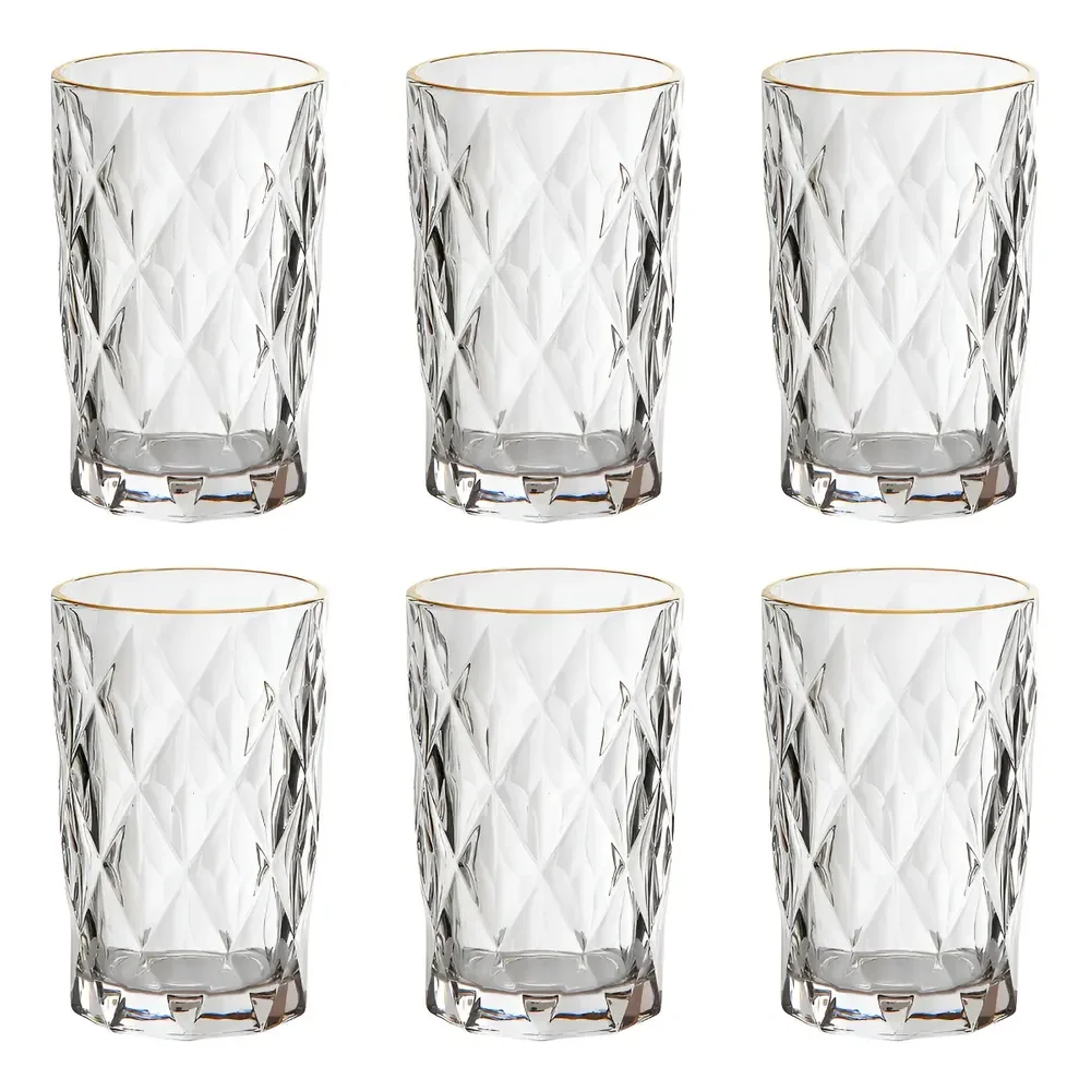 Jogo 6 Copos Altos Vidro 350ml Diamond Clear Borda Dourada Ke Home