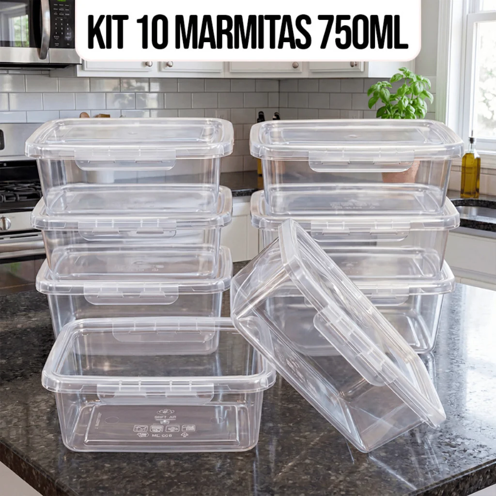 🧡 Kit 10 Marmitas Potes 750ml Travas Laterais hermeticas - Livres de BPA Alimentos organiza congelador - KAZIVA