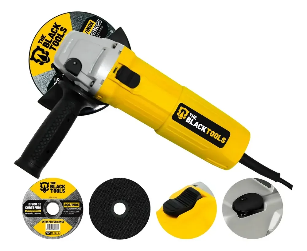 Esmerilhadeira Lixadeira Angular 4.1/2 11000rpm 780w The Black Tools Cor Amarelo Com 2 Discos De Corte
