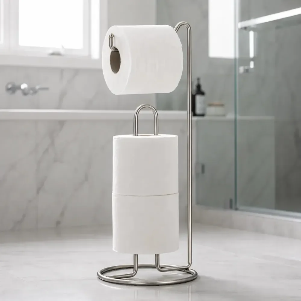 Suporte Chão Porta Papel Higiênico para Banheiro Sem Furo Resistente Preto 3 Rolos Sólar