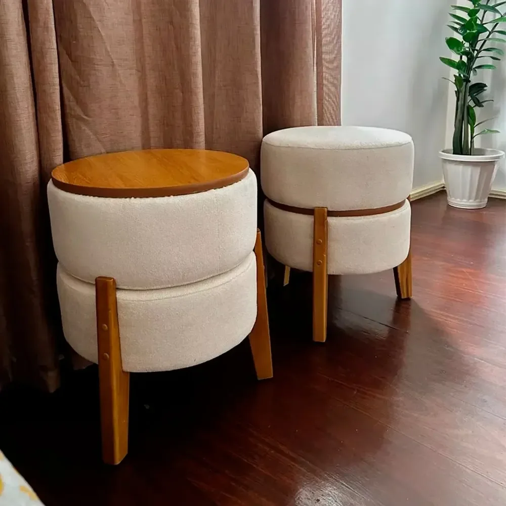 Kit 2 Pufe Mesa 45x38 Tecido Bouclê Sala Redondo Decorativo Bouclê Cru