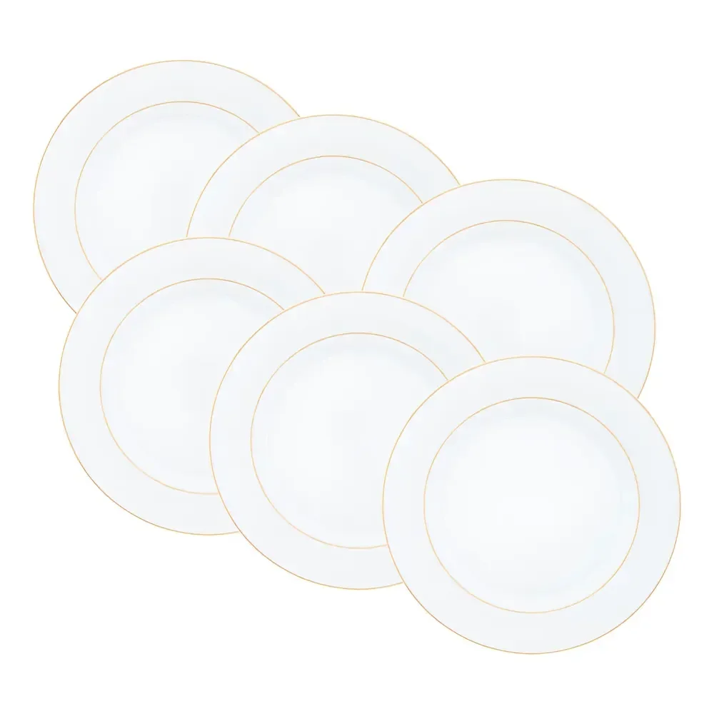 Conjunto De 6 Pratos Rasos De Porcelana Mônaco Com Fio De Ouro 27cm X 3cm Branco Wolff