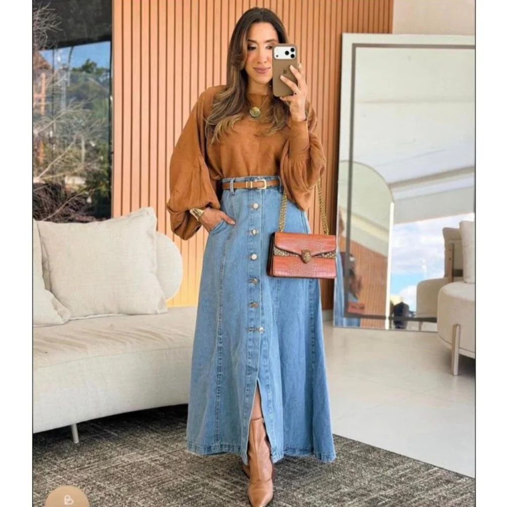 Saia Jeans Longa Botão, moda evangélica