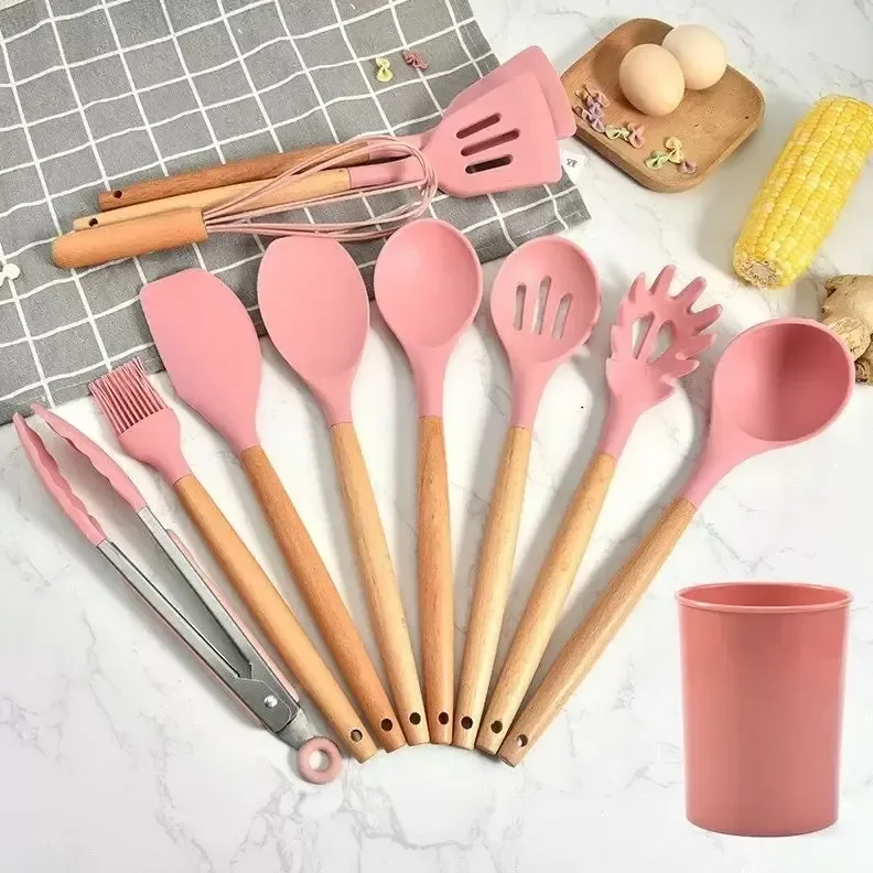 Kit C/12 Utensílios De Cozinha Silicone Cabo Madeira Bja Cor Rosa-claro