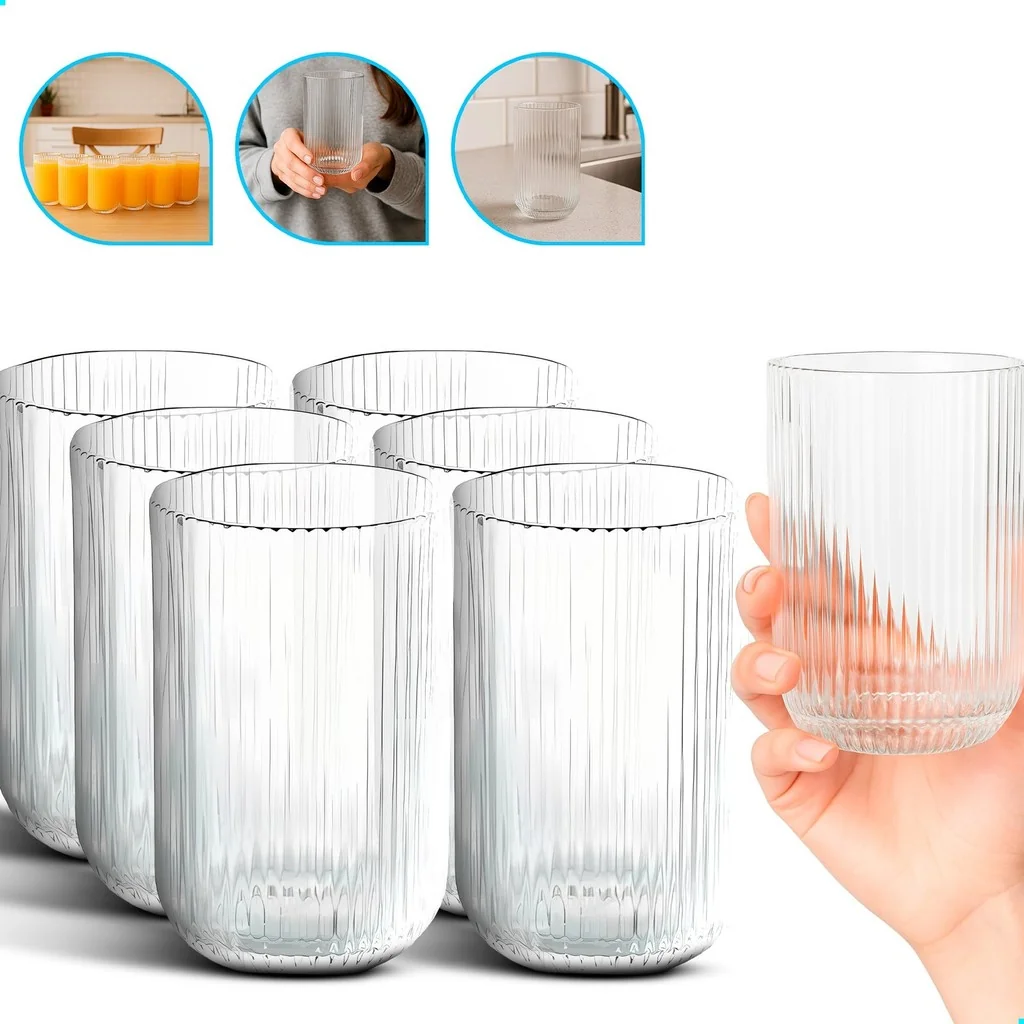 Jogo De Copos 6 Peças De Vidro Cameratta Canelado 420ml Suco Agua