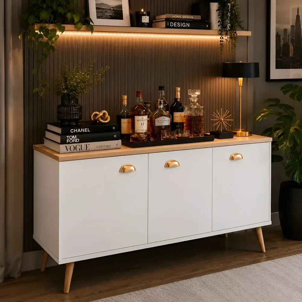 Buffet Aparador Cantinho Do Café Industrial Para Sala Freijó Branco