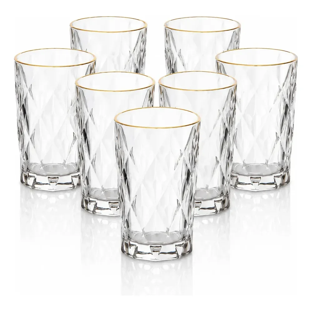 Jogo 6 Copos Altos Diamond 370ml Vidro Luxo Borda Dourada Transparente Com Borda Dourada