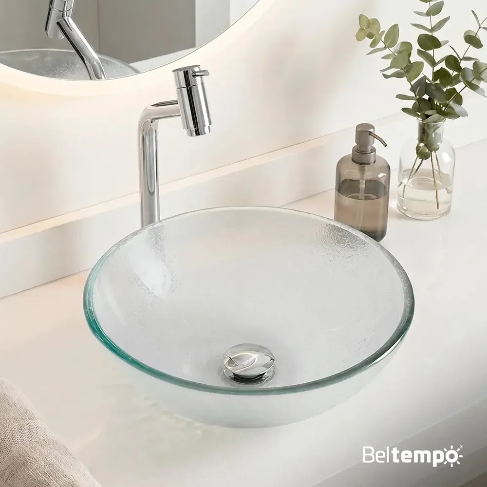 Cuba Pia De Apoio Sobrepor Vidro Redonda 29cm Transparente Banheiro Lavabo Beltempo Bt-4030 Texturizado