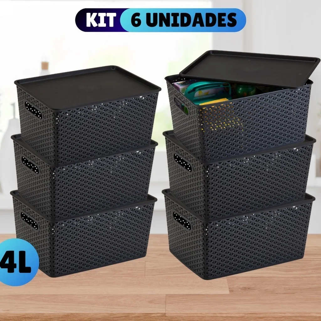 Kit Com 6 - Cesto Caixa Organizadora Rattan - 4 Litros
