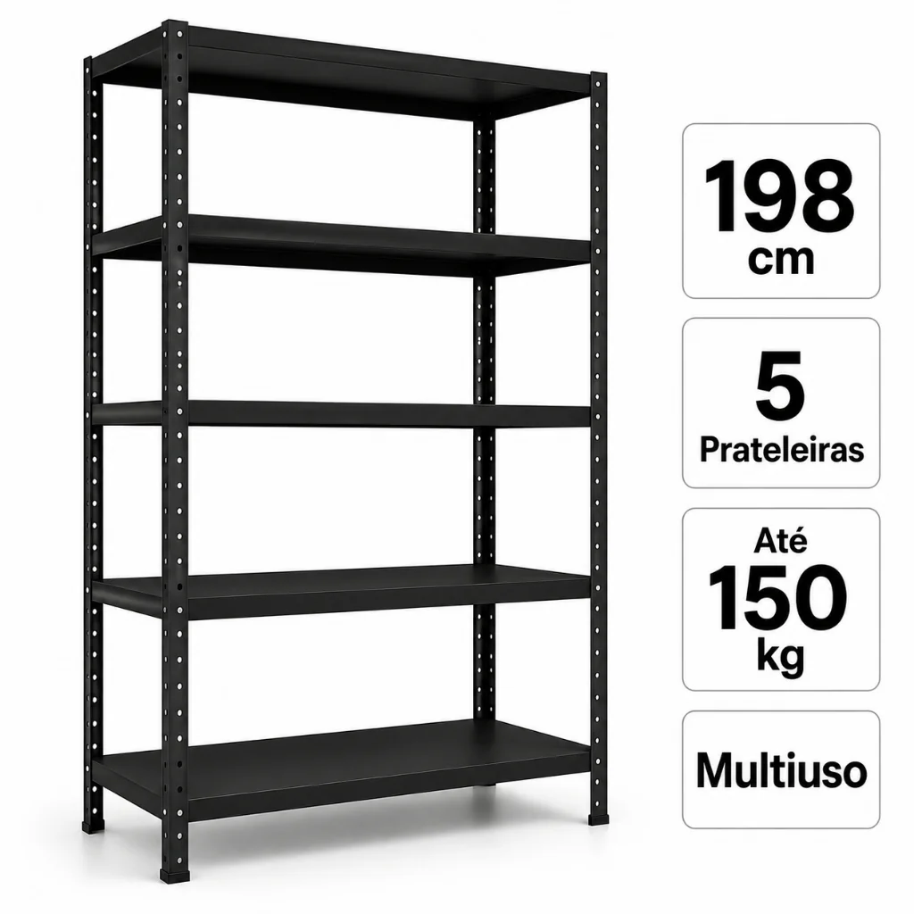 Estante de Aço Industrial 5 Prateleiras 198x90cm Multiuso Suporta Até 150kg