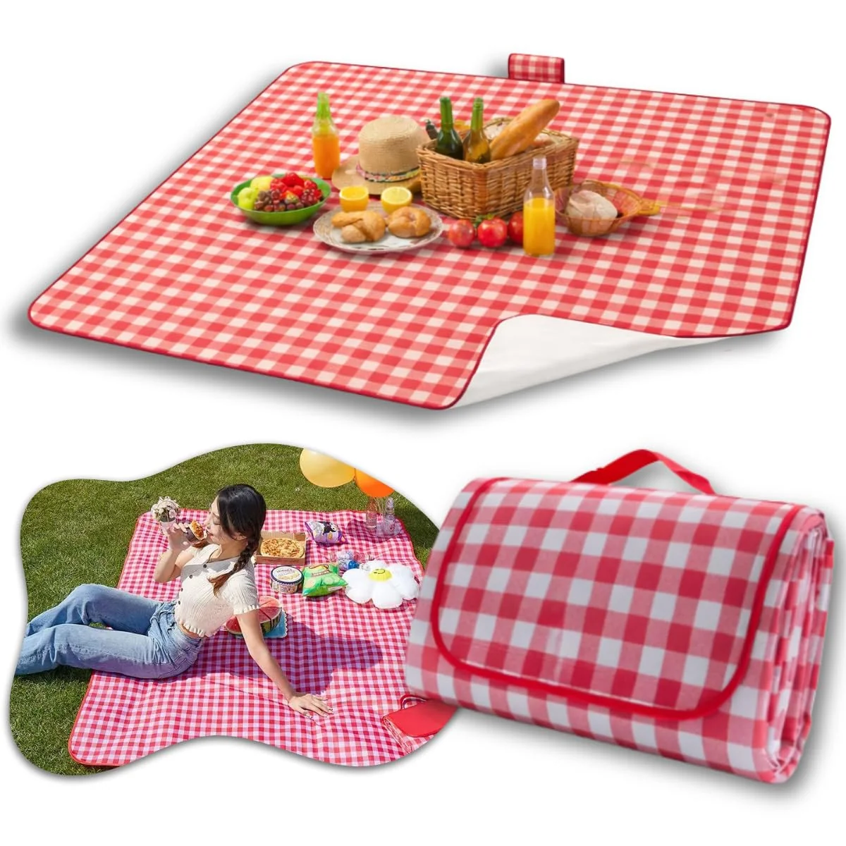 Tapete Piquenique Impermeável Dobrável, Grande 200x200cm, com Alça, Toalha para Picnic, Parque, Praias, Passeios ao Ar Livre, a Prova de Água, Fácil de Carregar (Vermelho)