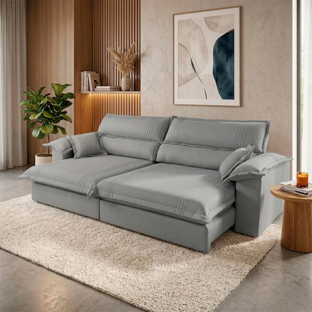 Sofá Retrátil Reclinável 2,50m Nivus Cinza c/ Molas Ensacadas - King House