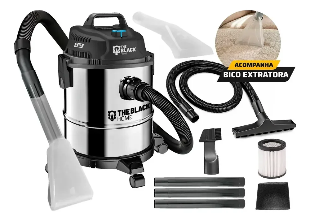 Aspirador De Pó E Água Inox Turbo 12 Litros 1200w Com Soprador E Bico Extratora Multiuso Tbac120 The Black Tools