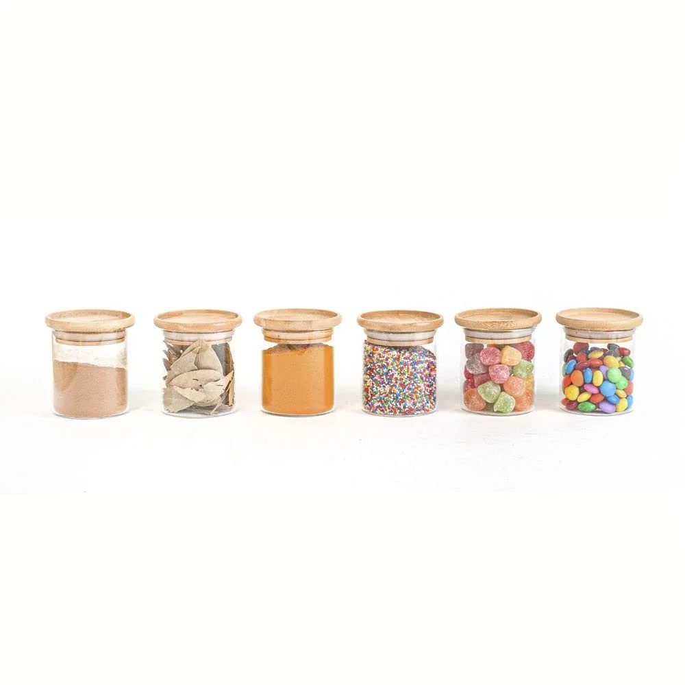 KIT 6 POTES DE VIDRO EMPILHÁVEL HERMÉTICO TAMPA BAMBU 200ML