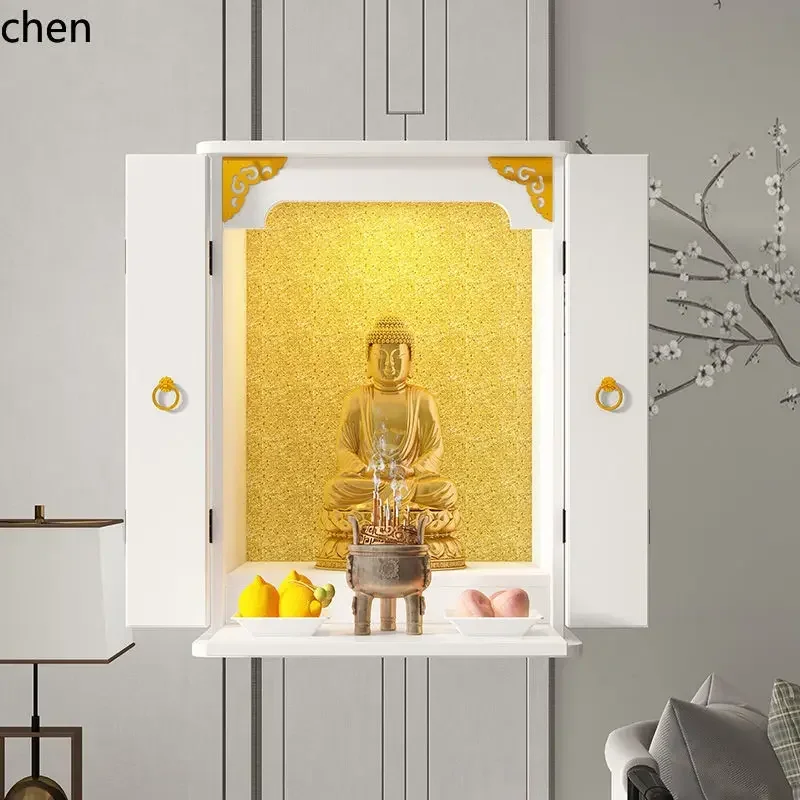 r5.20 Santuário Doméstico de Buda com Porta, Mesa de Ofertas, Armário Simples e Moderno para o Deus da Riqueza, Mesa de Altar para Adoração (sem Buda)