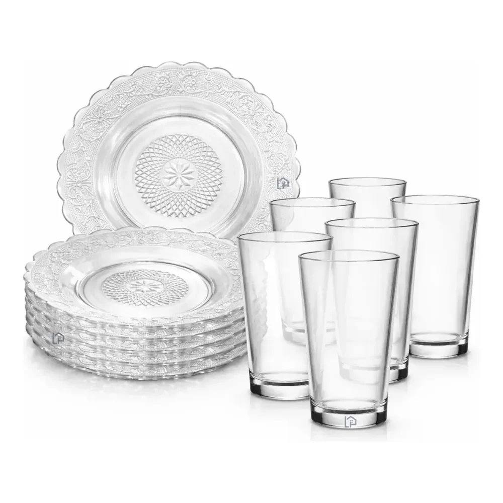 🛍️ Jogo Jantar 12 Peças Com 6 Pratos Fundo + 6 Copos Vidro Transparente Desenhado