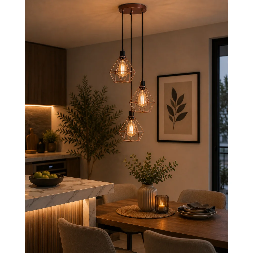 Luminária Teto Conjunto Lustre Pendente Diamante Triplo e-led Aramado Cozinha Sala Quarto Lavabo
