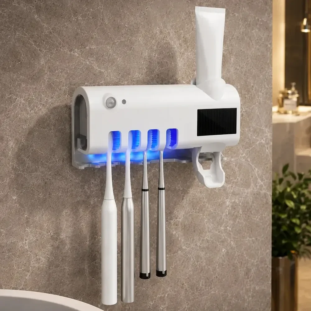 Dispenser Pasta De Dente Com Porta Escova Suporte De Parede Para 4 Escovas Branco Esterilizador Uv Ligeiro