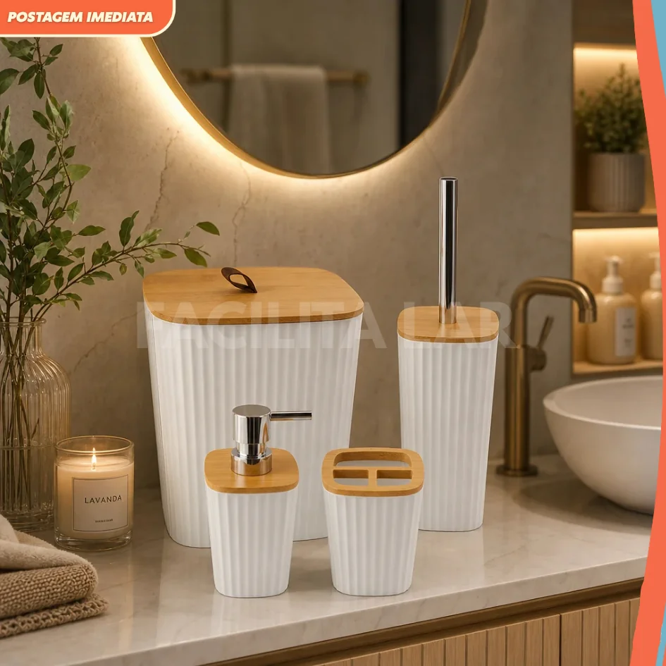Conjunto de Banheiro Moderno 4 peças com Tampa de Bambu – Organizador Decorativo Elegante Branco ou Preto