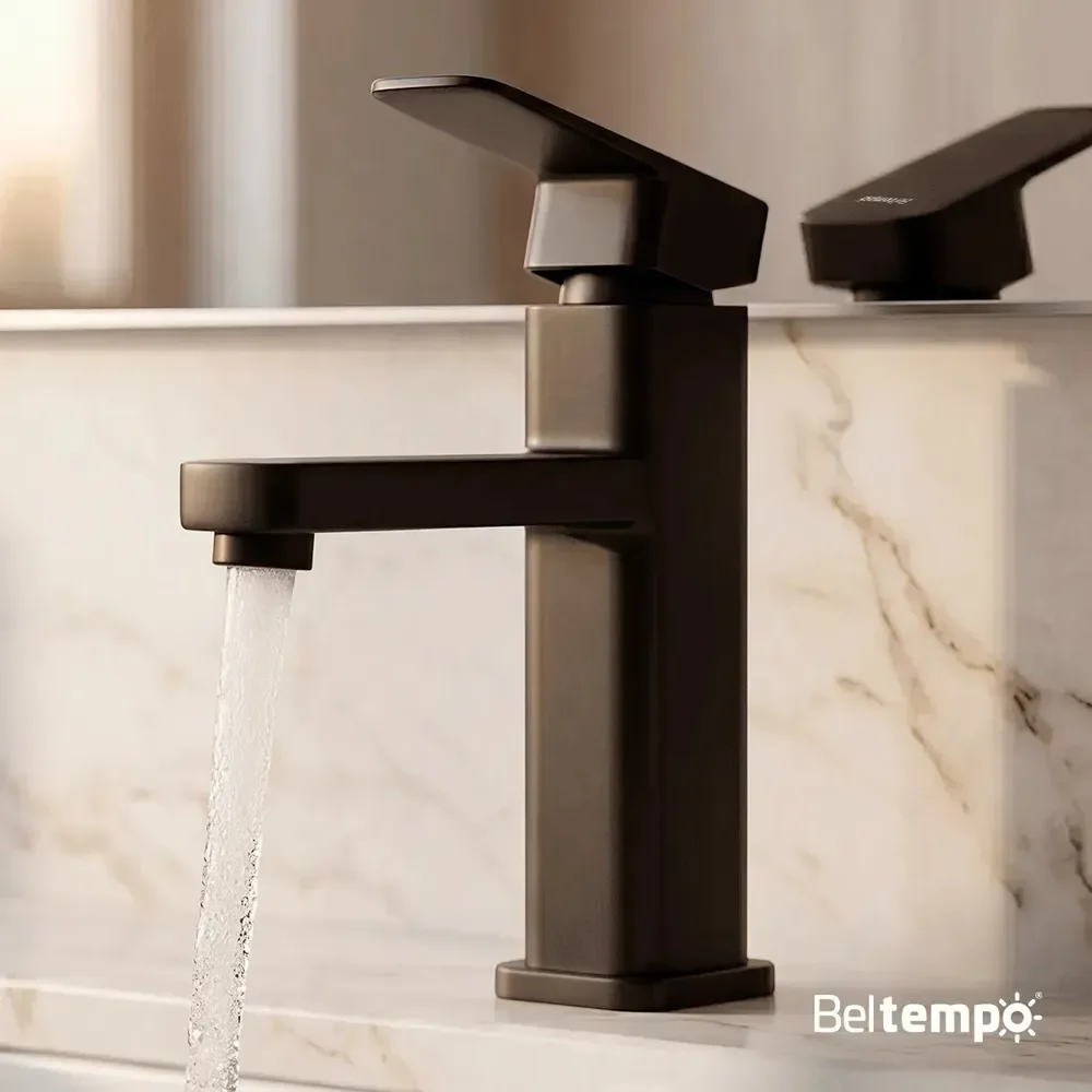 Torneira Para Banheiro Lavabo Bica Baixa Bancada Quadrada Inox E Abs Preta Fosca Beltempo Preto Fosco