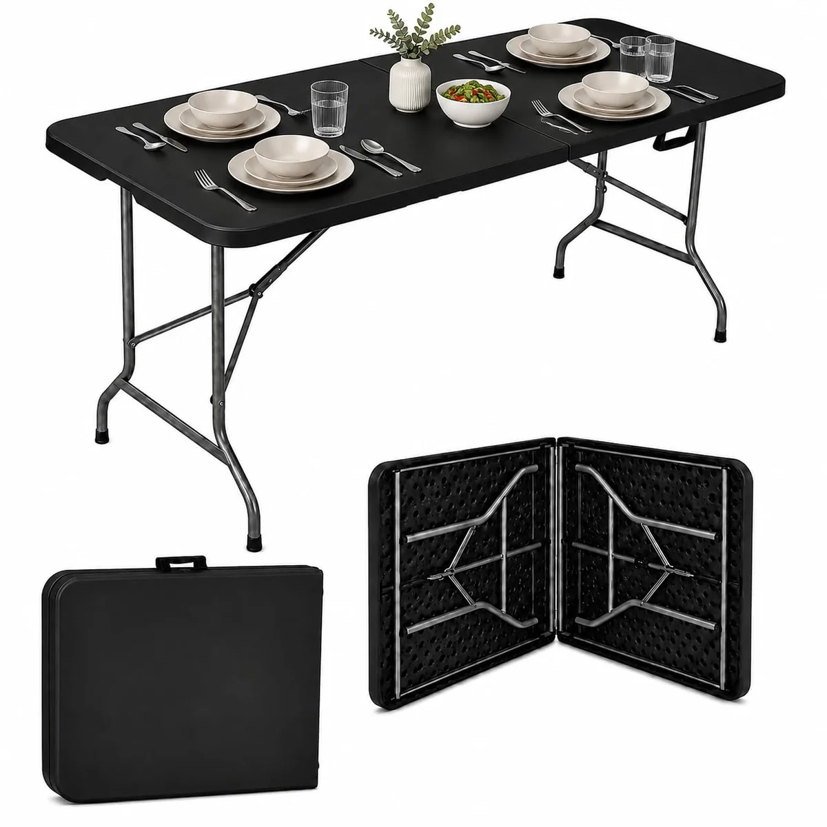 Mesa Dobrável 1,80m Portátil Preta Tipo Maleta com Alça – Resistente e Leve, Ideal para Camping, Praia, Jardim, Festas e Área Gourmet Interna ou Externa