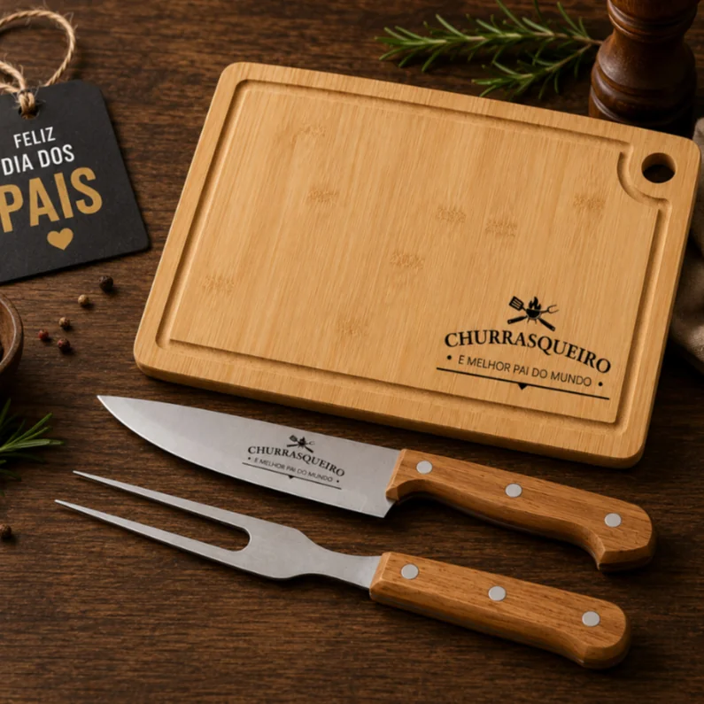 Kit Tábua e Faca de Churrasco Personalizada Time de Futebol  Presente Torcedor  Escudo Gravado a Laser Bambu