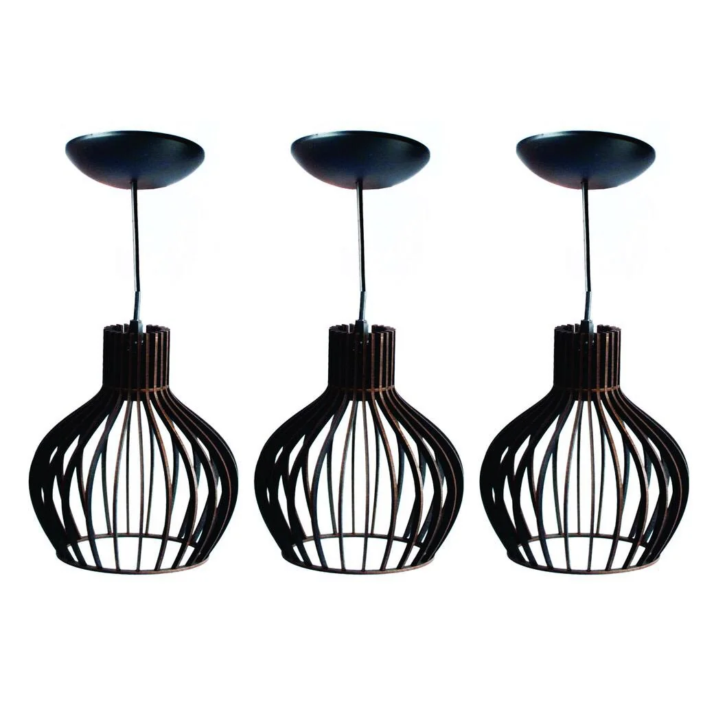 Kit com 3 Pendente Luminaria PP Preto com fio Lustre de Sala Decorativo