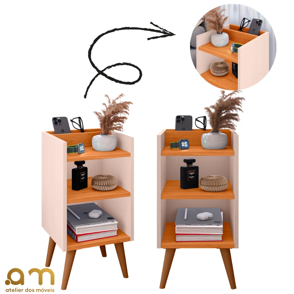 Kit com 2 Mesa de Cabeceira Nicho Organizador, pés retrô em PVC e Porta-Celular Max
