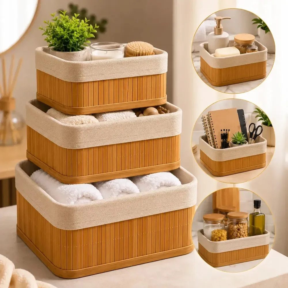 Kit 3 Cestos Organizadores Retangulares De Bambu Com Forro De Tecido Lavável Removível Três Tamanhos Multiuso Cestas Decorativas Para Banheiro Quarto Closet Lavanderia Prateleira - Shokki