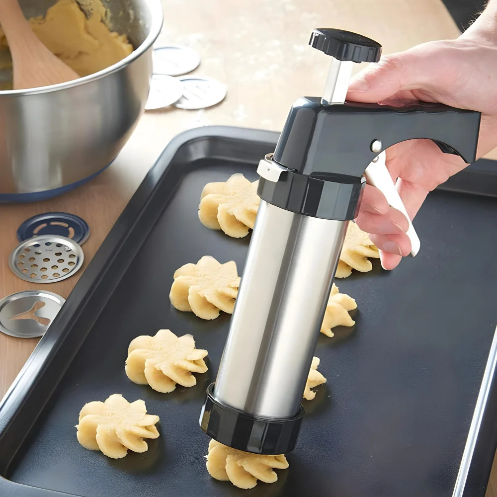Máquina De Fazer Bolacha Caseira Modelador De Biscoito Amanteigado Biscoiteira Inox Confeitaria Bico