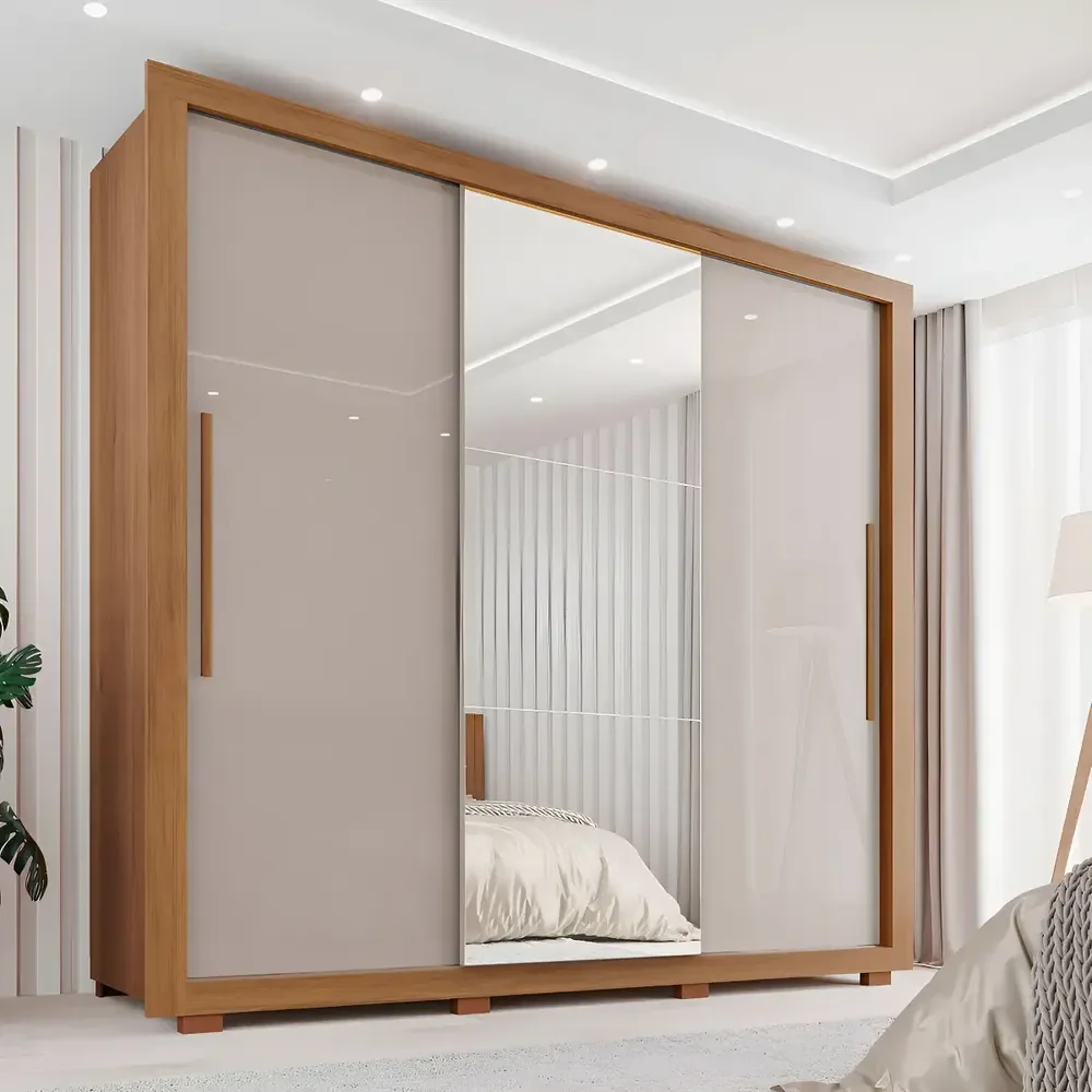 Guarda-roupa Casal Com Espelho 3 Portas 4 Gavetas Sallêto Móveis Costa Rica Cinamomo/Off white