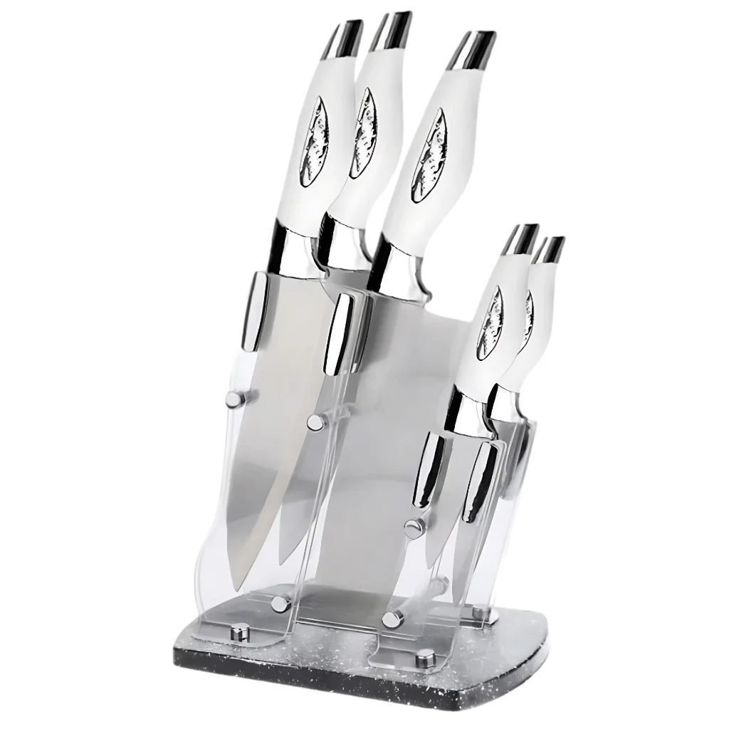 Kit Jogo De Faca Com 5 Peças Inox Com Suporte e Cutelo Profissional