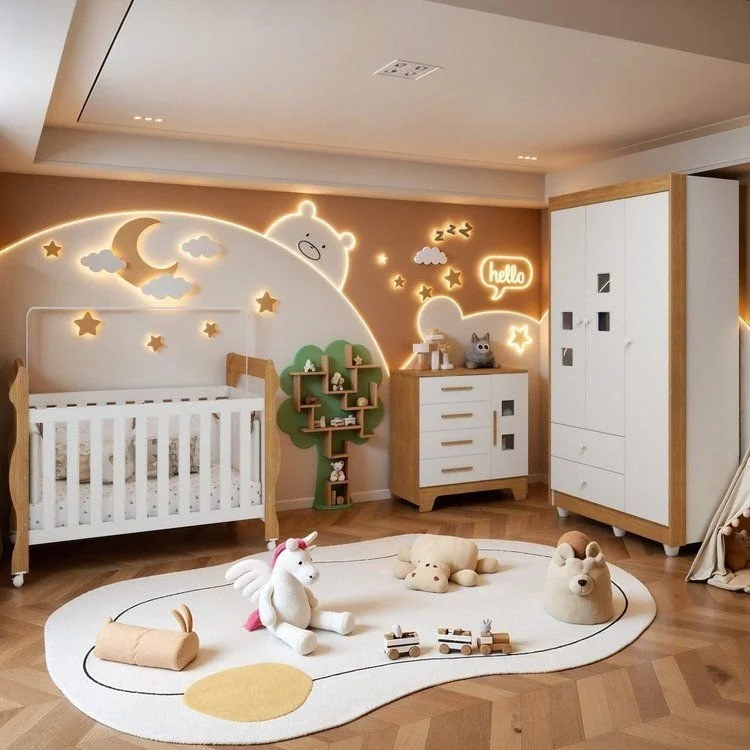 Quarto de Bebê Completo com Cômoda, Berço e Guarda Roupas Mila Branco/Amadeirado Branco/Amadeirado
