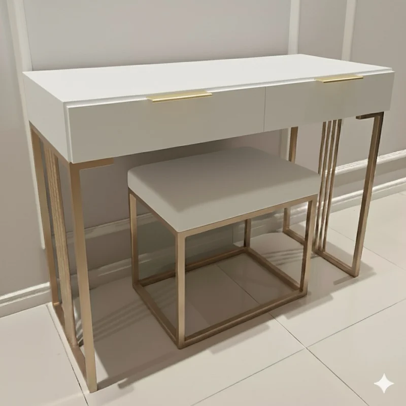 Penteadeira escrivaninha moderna branca 100% MDF com detalhes e estrutura metálica dourada/champagne LUXO no