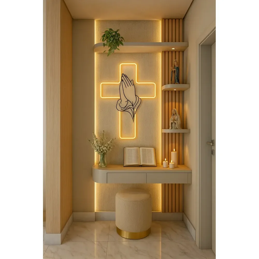 Cruz Led Neon Para Oratório - Letreiro Luminoso Branco Quente 127/220v