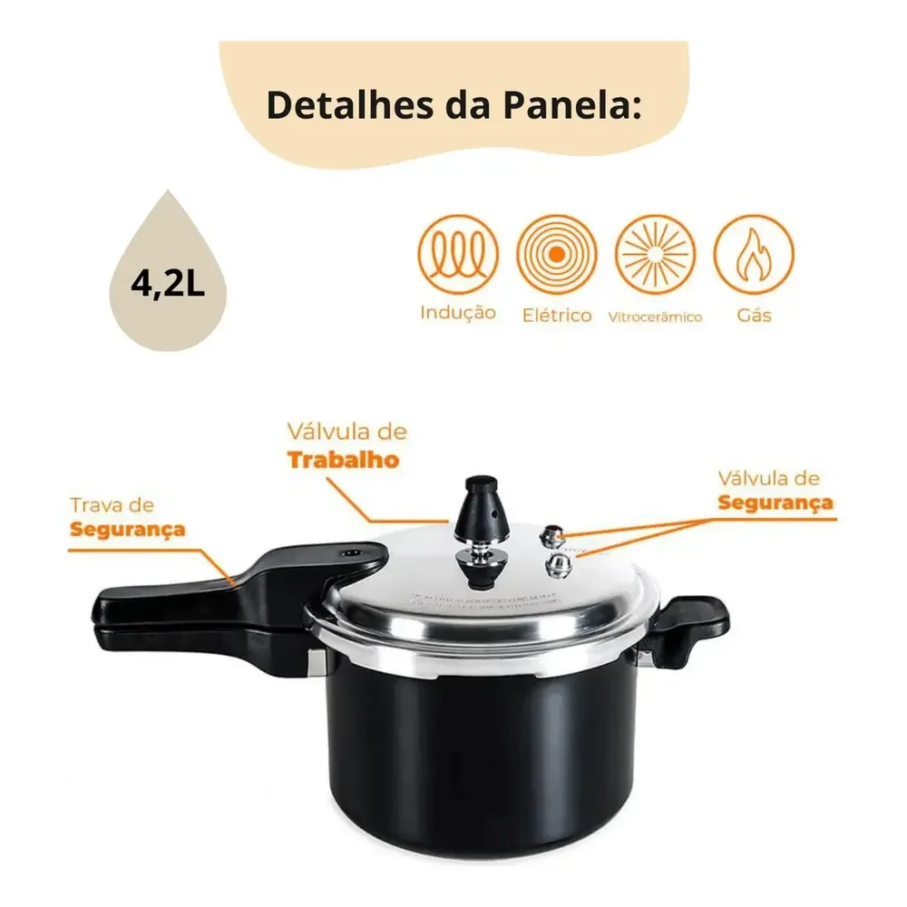 Panela De Pressão Brinox Preto 4,2l Gás E Indução Durável