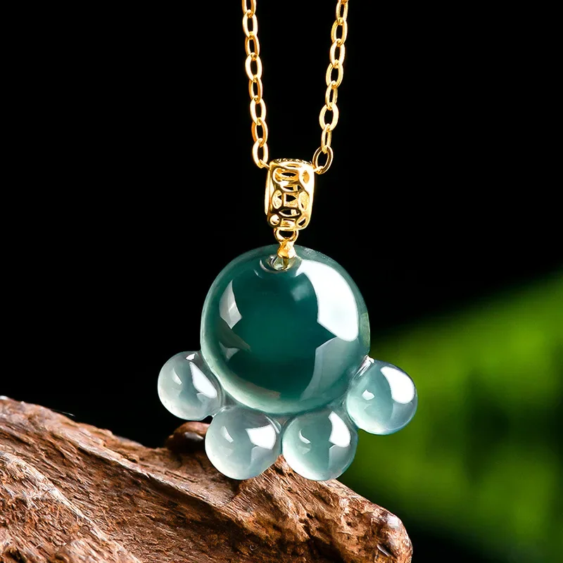 Colar com Pingente de Jade Natural Azul Esmeralda em Formato de Pata de Gato, Joia de Jadeite Esculpida, Amuleto da Moda, Presente com Certificado para Mulheres