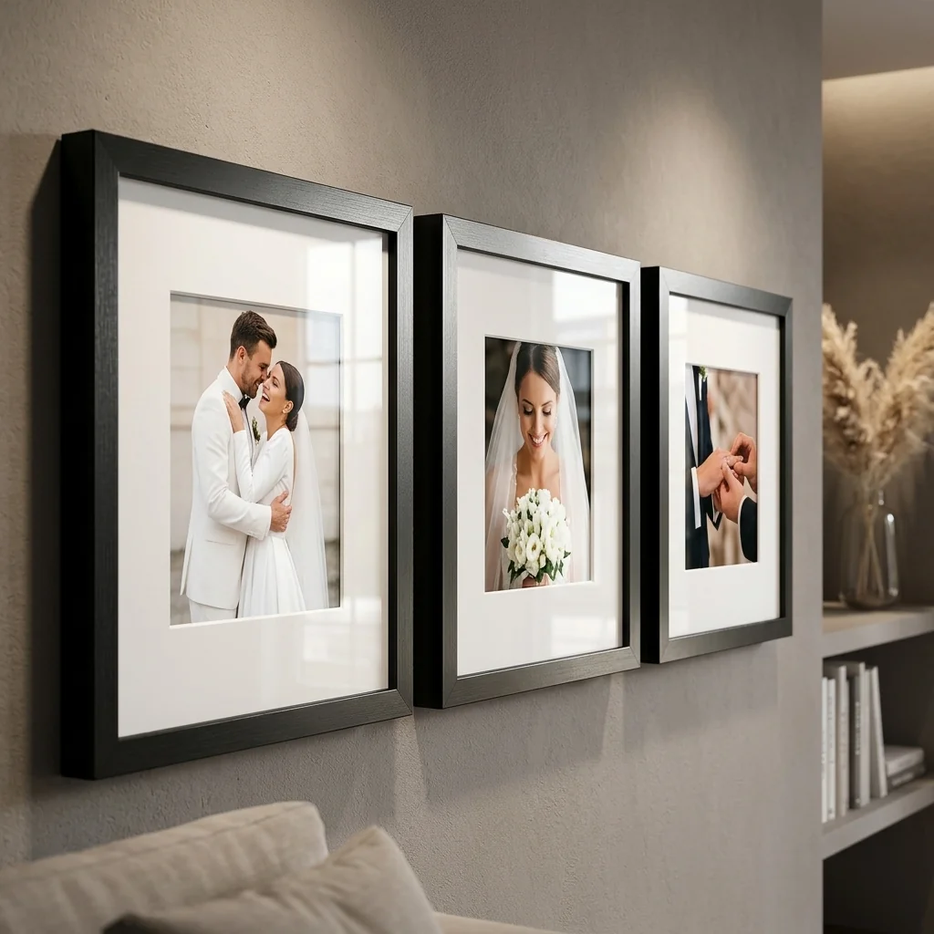 kit 3 quadros decorativos moldura fotográfica 23x23cm moldura com paspatur foto 10x15