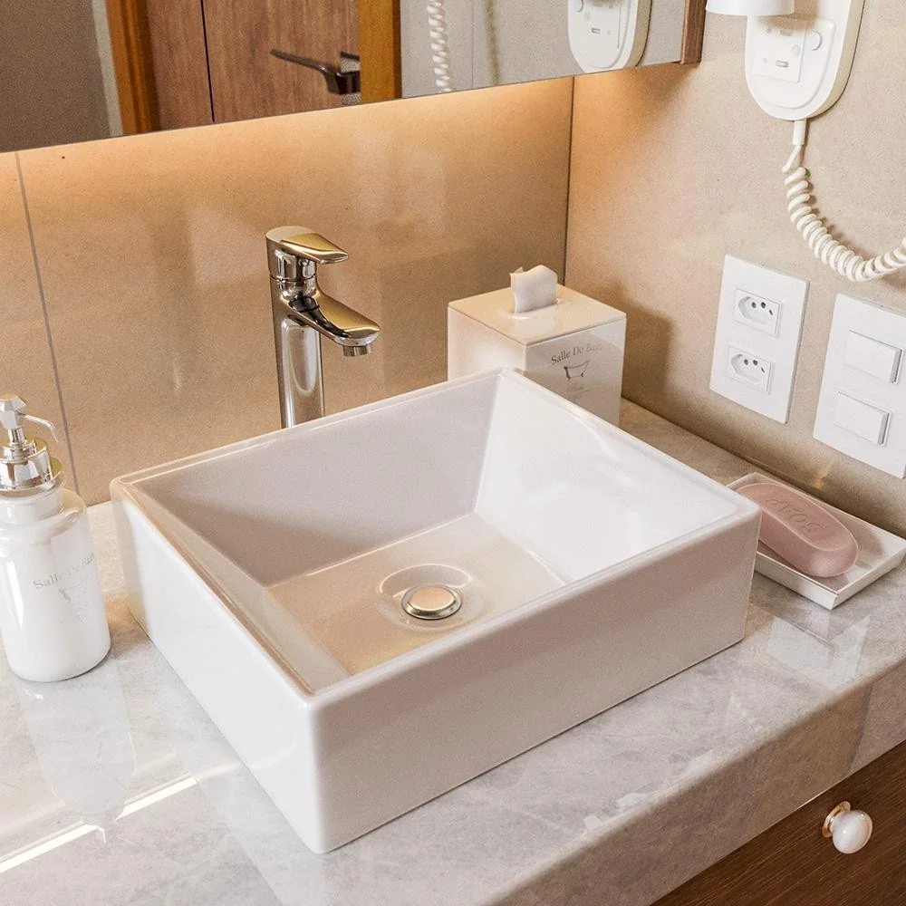 Cuba de Sobrepor Quadrada Esmeralda 30,5x27cm Branco Mármore Sintético para Banheiro/Lavabo Movelove